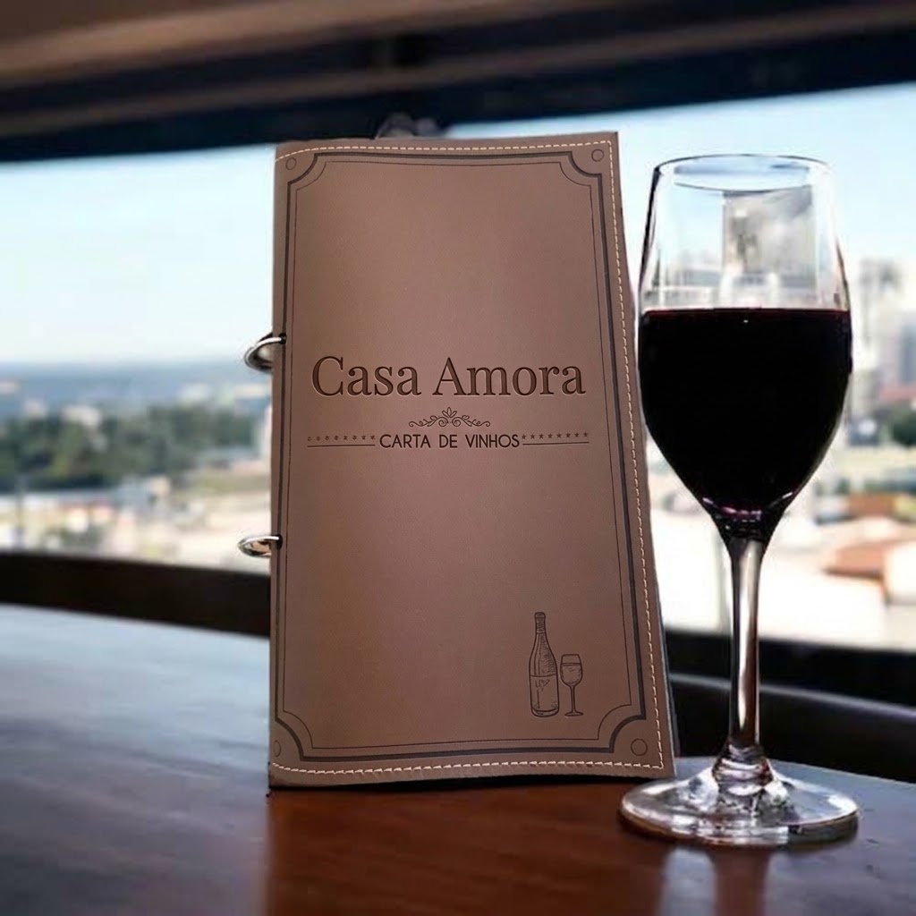 Carta de vinhos impressa da Casa Amora ao lado de uma taça de vinho tinto
